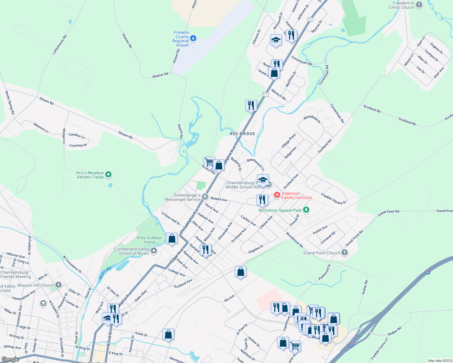 map of restaurants, bars, coffee shops, grocery stores, and more near 2070 Edgar Avenue in Chambersburg