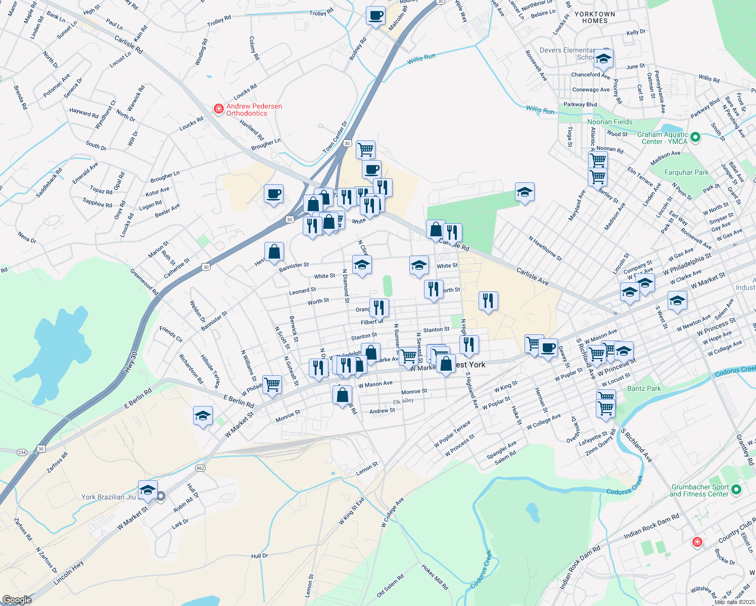 map of restaurants, bars, coffee shops, grocery stores, and more near 1737 Orange Street in York