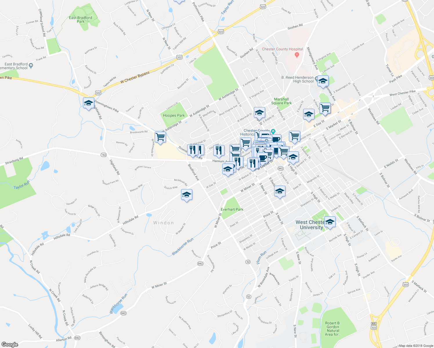 map of restaurants, bars, coffee shops, grocery stores, and more near 99 North Everhart Avenue in West Chester