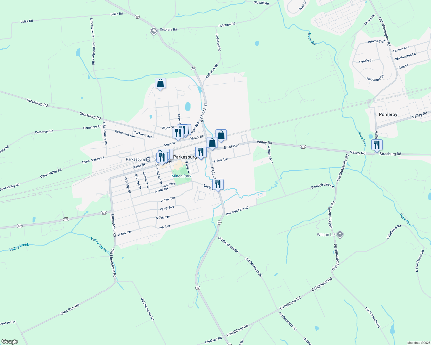 map of restaurants, bars, coffee shops, grocery stores, and more near 147 South Church Street in Parkesburg