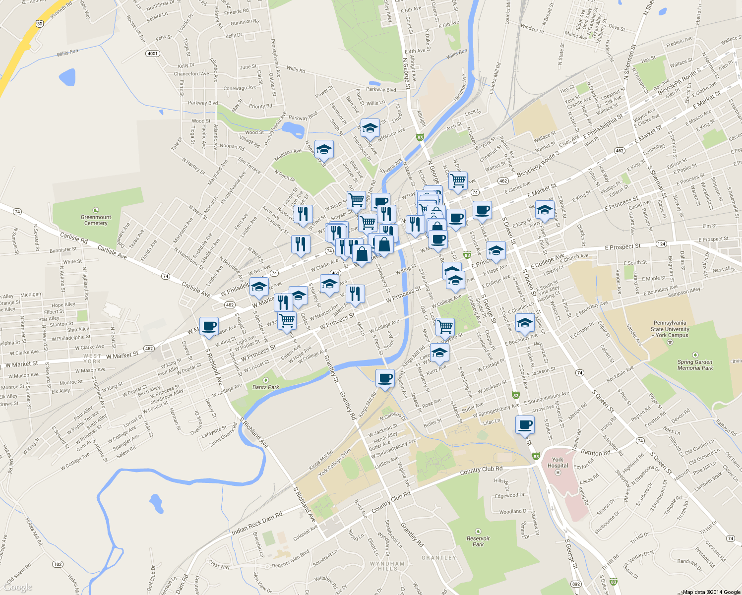 map of restaurants, bars, coffee shops, grocery stores, and more near 346 West Newton Avenue in York