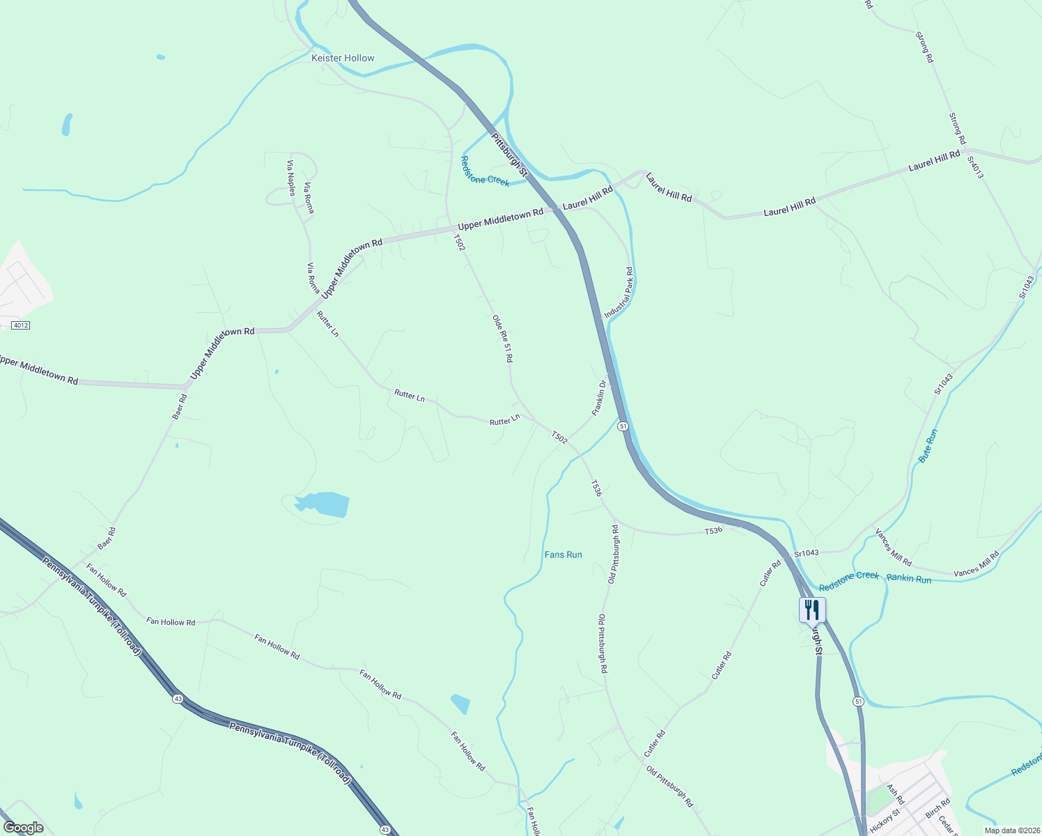 map of restaurants, bars, coffee shops, grocery stores, and more near 255 Rutter Lane in Smock