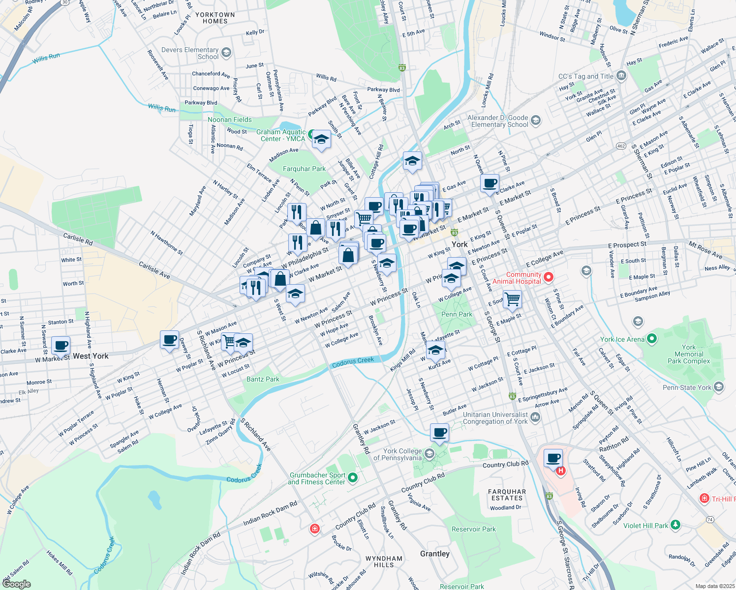 map of restaurants, bars, coffee shops, grocery stores, and more near 344 West Newton Avenue in York