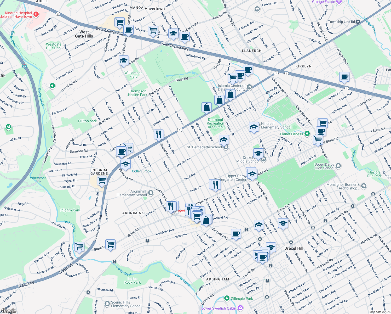 map of restaurants, bars, coffee shops, grocery stores, and more near 1018 Concord Avenue in Upper Darby