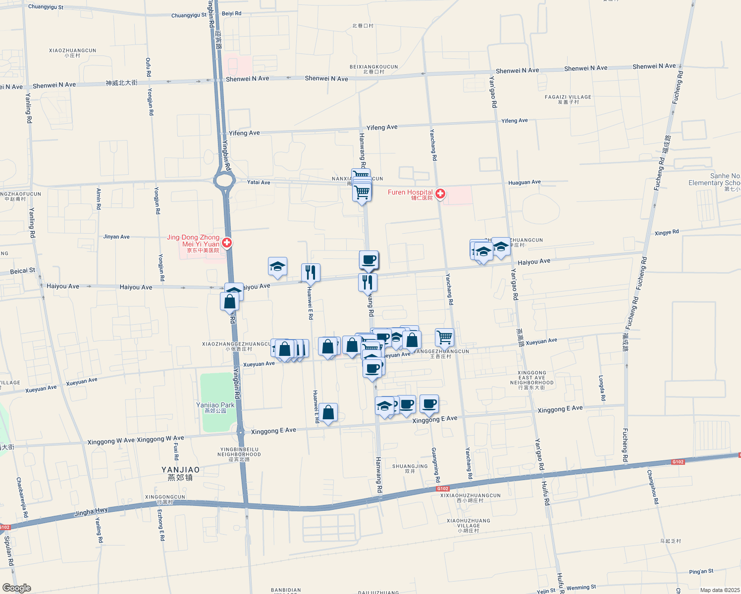 map of restaurants, bars, coffee shops, grocery stores, and more near Han Wang Lu in Lang Fang Shi