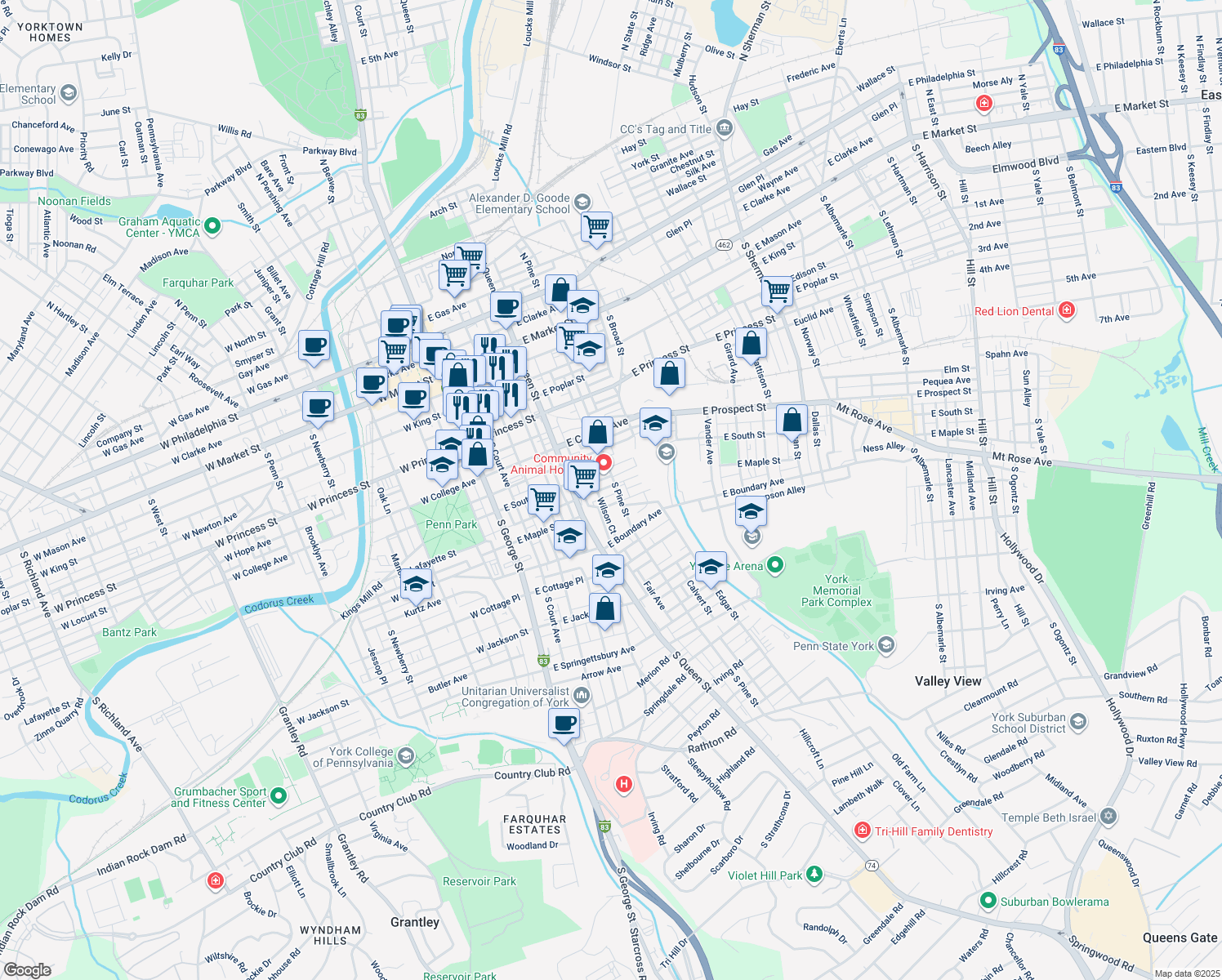 map of restaurants, bars, coffee shops, grocery stores, and more near 254 Harding Court in York