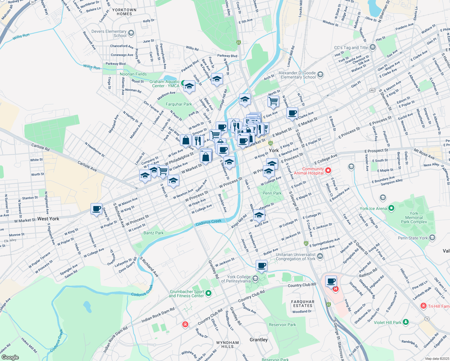 map of restaurants, bars, coffee shops, grocery stores, and more near 144 South Newberry Street in York