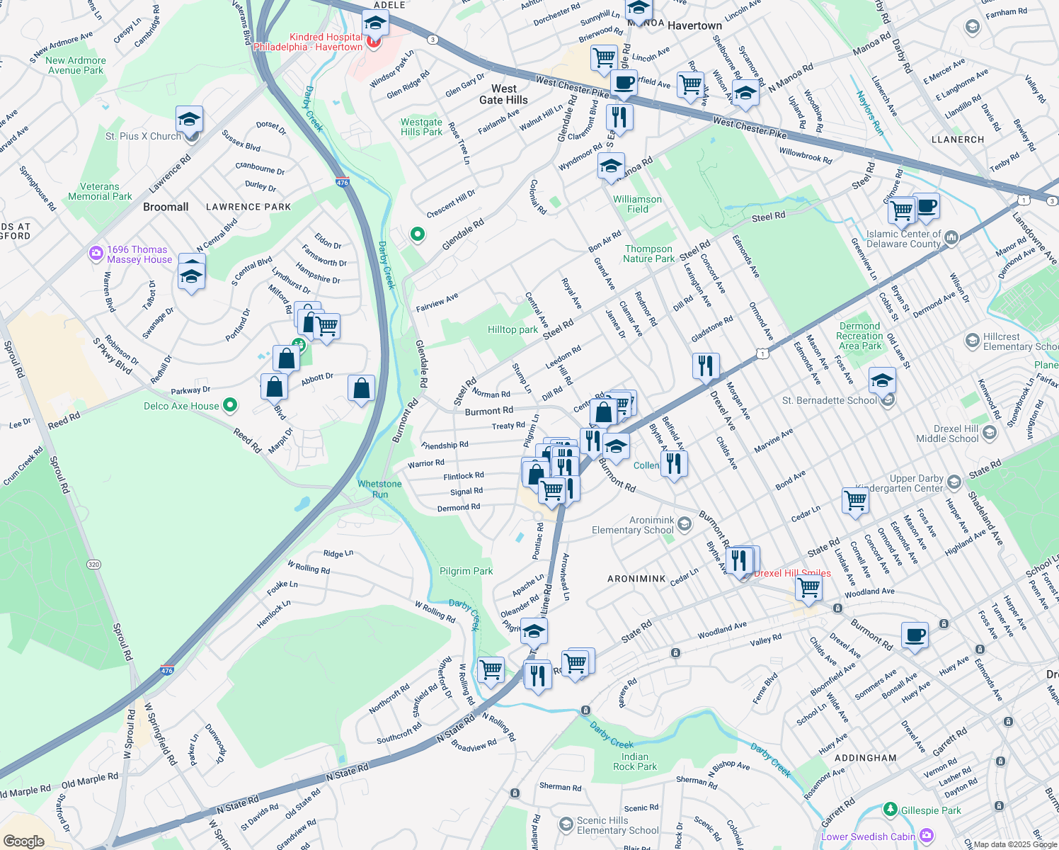 map of restaurants, bars, coffee shops, grocery stores, and more near 101 Treaty Road in Delaware