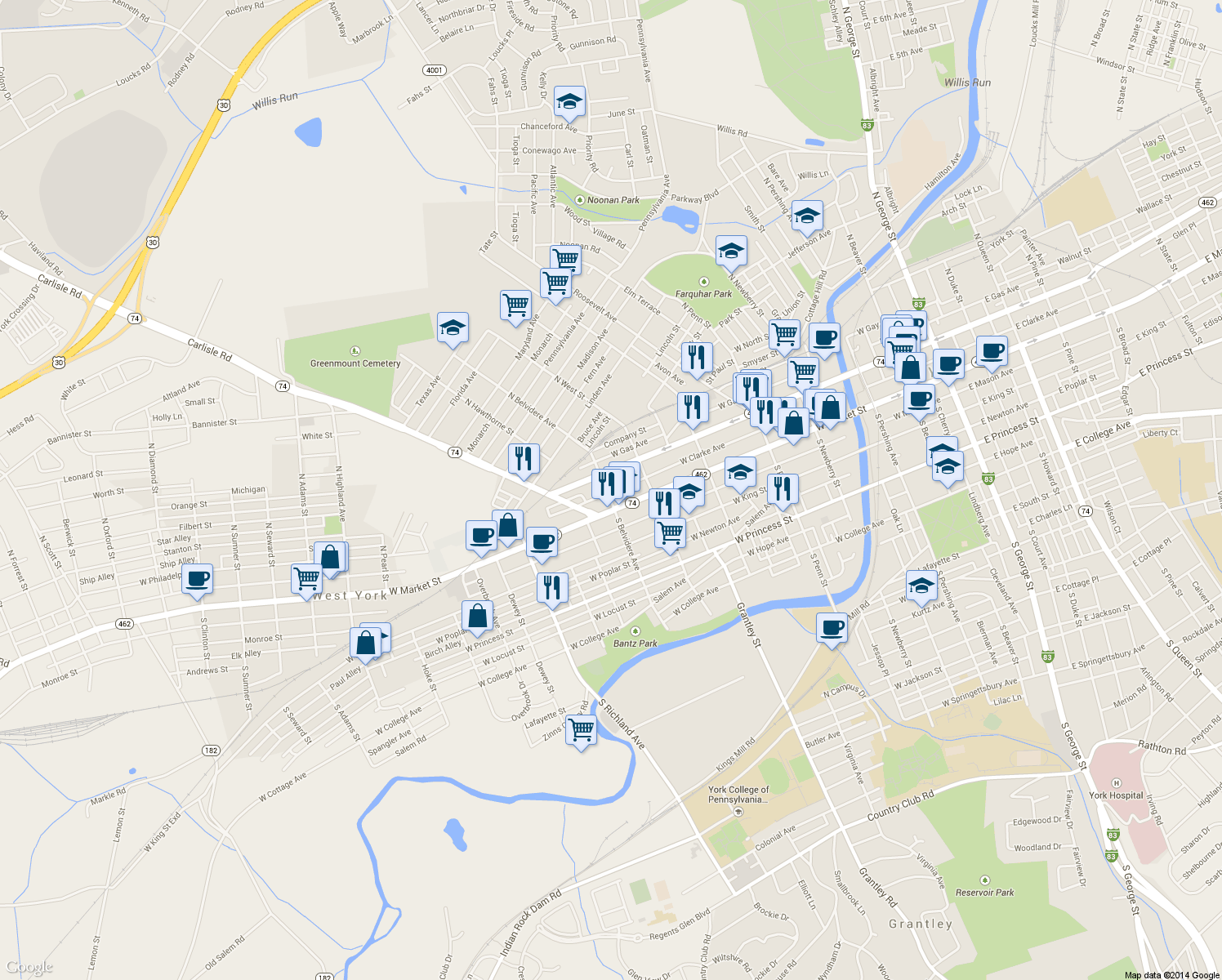 map of restaurants, bars, coffee shops, grocery stores, and more near 657 West Clarke Avenue in York