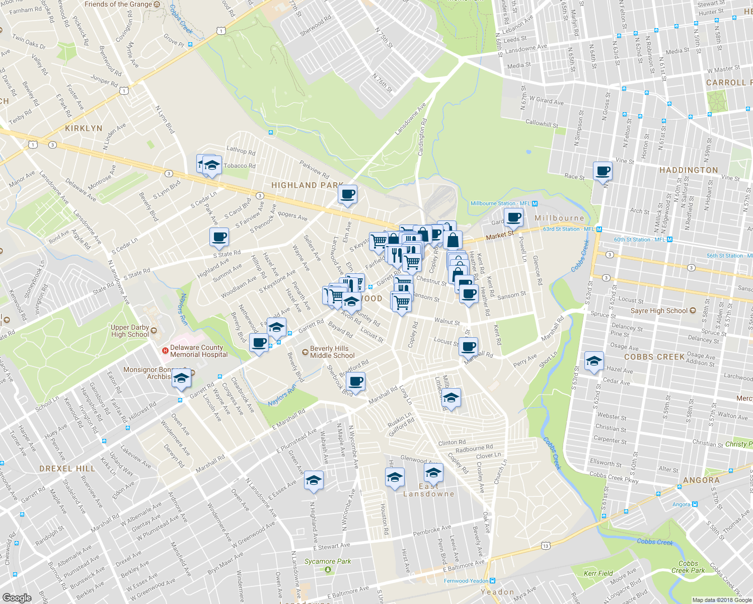 map of restaurants, bars, coffee shops, grocery stores, and more near 7265 Walnut Street in Upper Darby