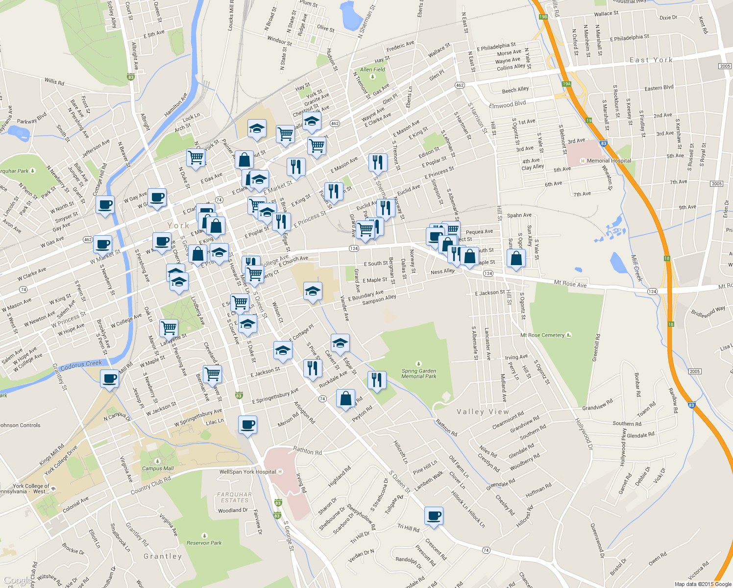 map of restaurants, bars, coffee shops, grocery stores, and more near 715 East Boundary Avenue in York