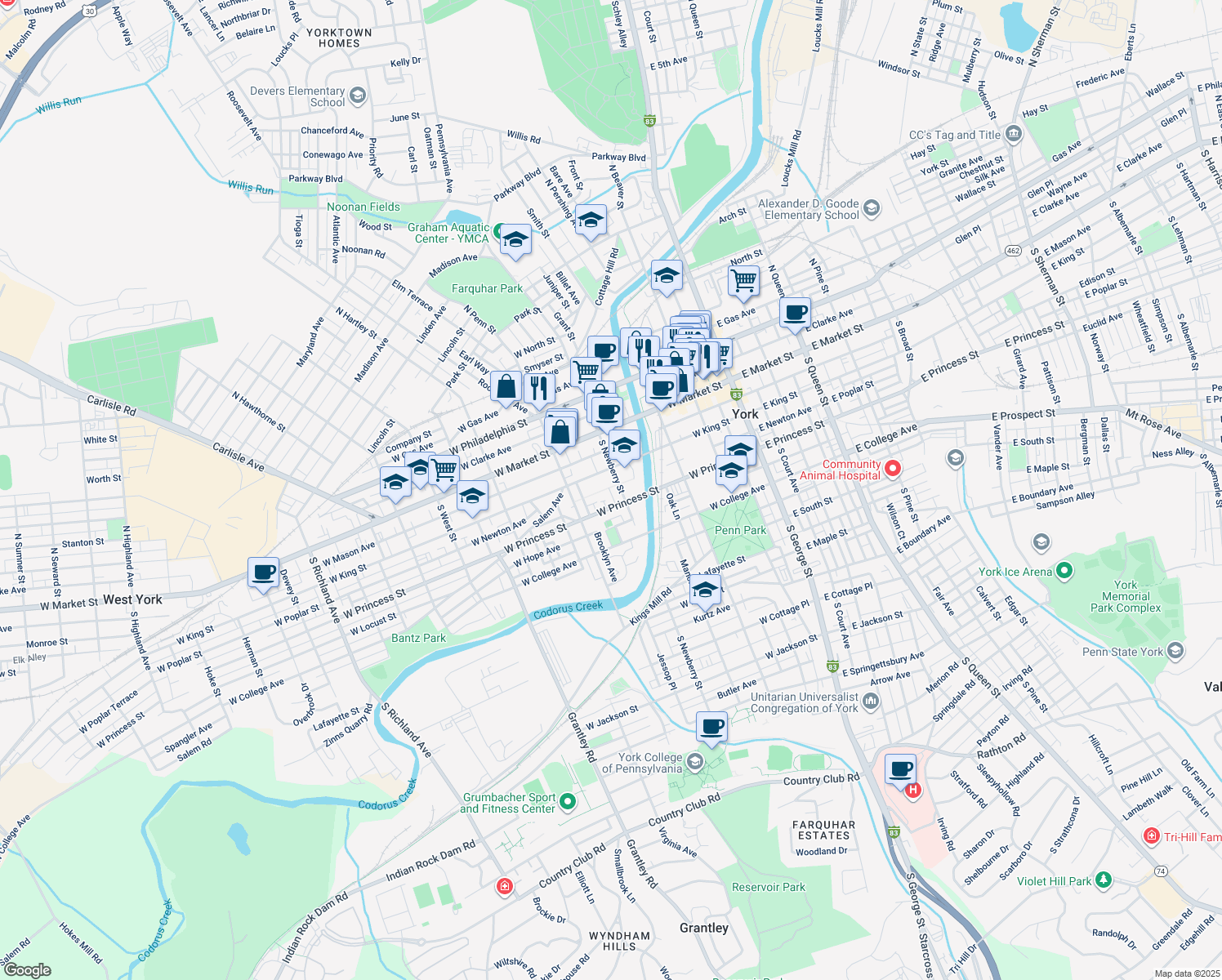 map of restaurants, bars, coffee shops, grocery stores, and more near 134 South Newberry Street in York