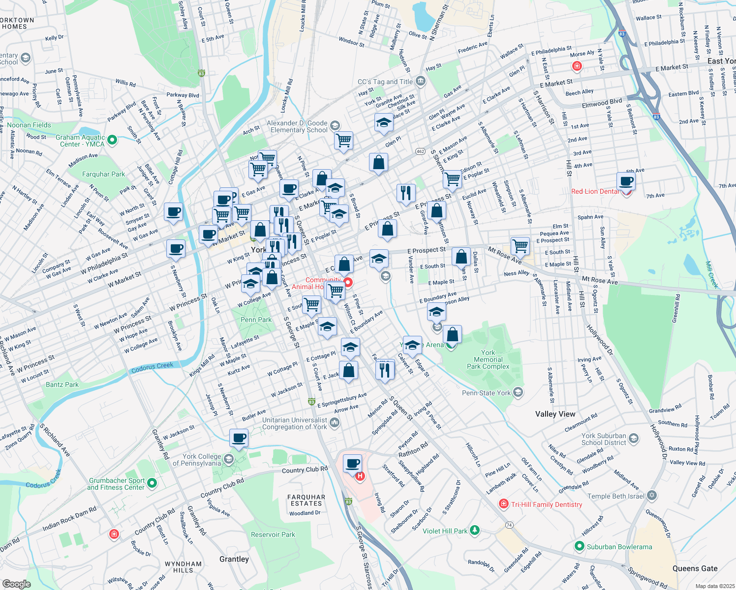 map of restaurants, bars, coffee shops, grocery stores, and more near 328 Harding Court in York