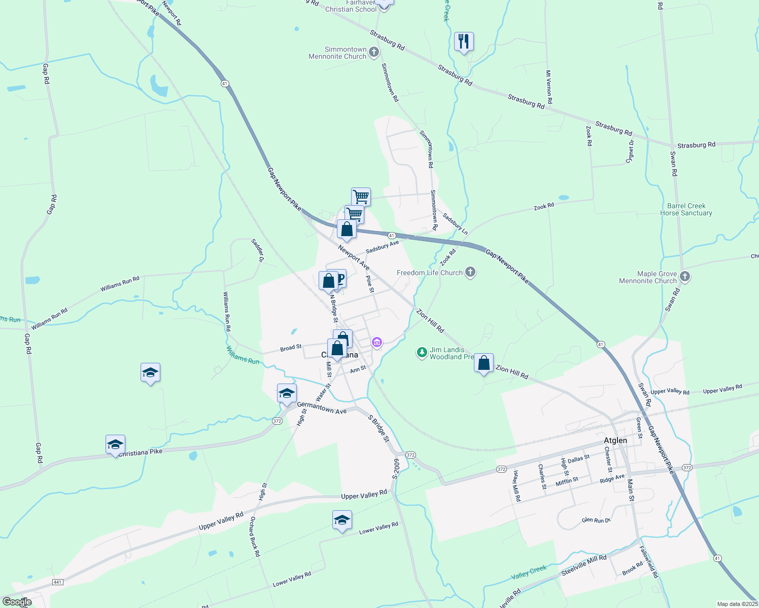 map of restaurants, bars, coffee shops, grocery stores, and more near 9 Pine Street in Christiana