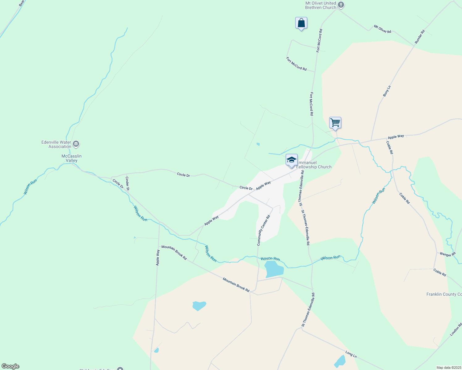 map of restaurants, bars, coffee shops, grocery stores, and more near 9611 Circle Drive in Chambersburg