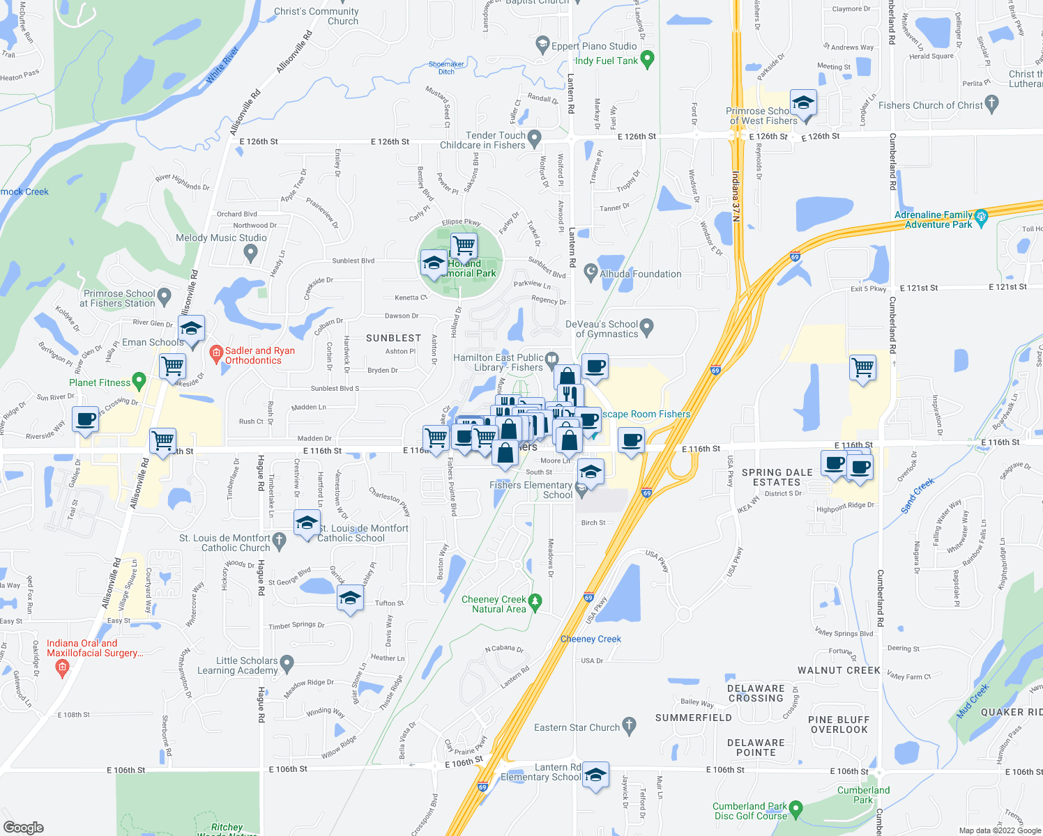 map of restaurants, bars, coffee shops, grocery stores, and more near 9 Municipal Drive in Fishers