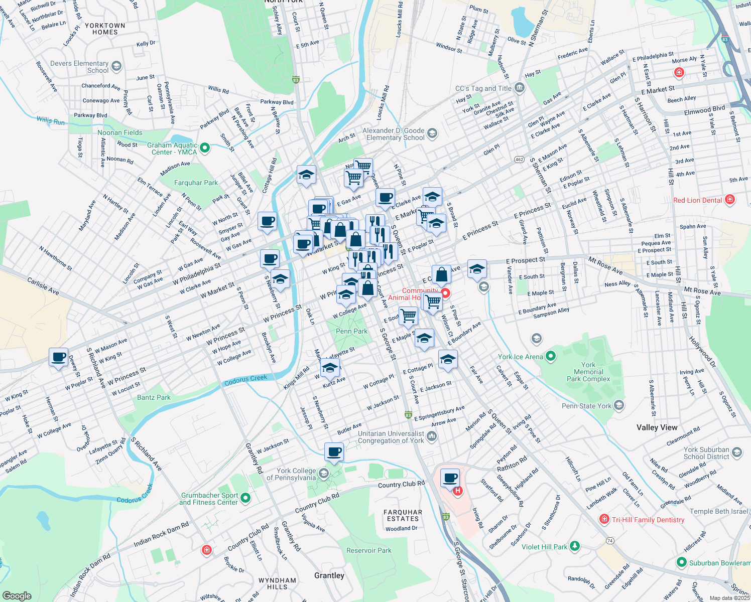 map of restaurants, bars, coffee shops, grocery stores, and more near 301 South George Street in York
