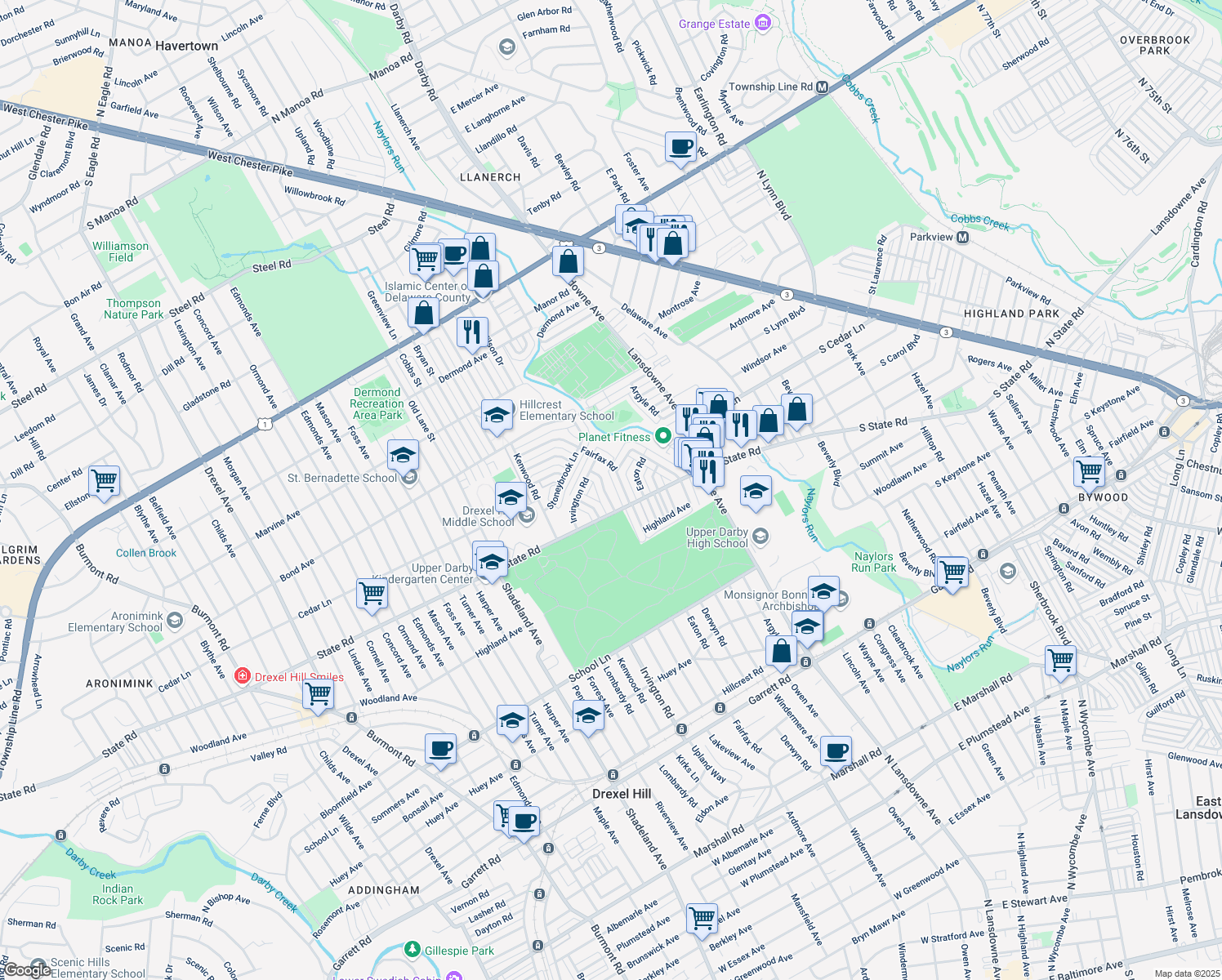 map of restaurants, bars, coffee shops, grocery stores, and more near 825 Gainsboro Road in Upper Darby