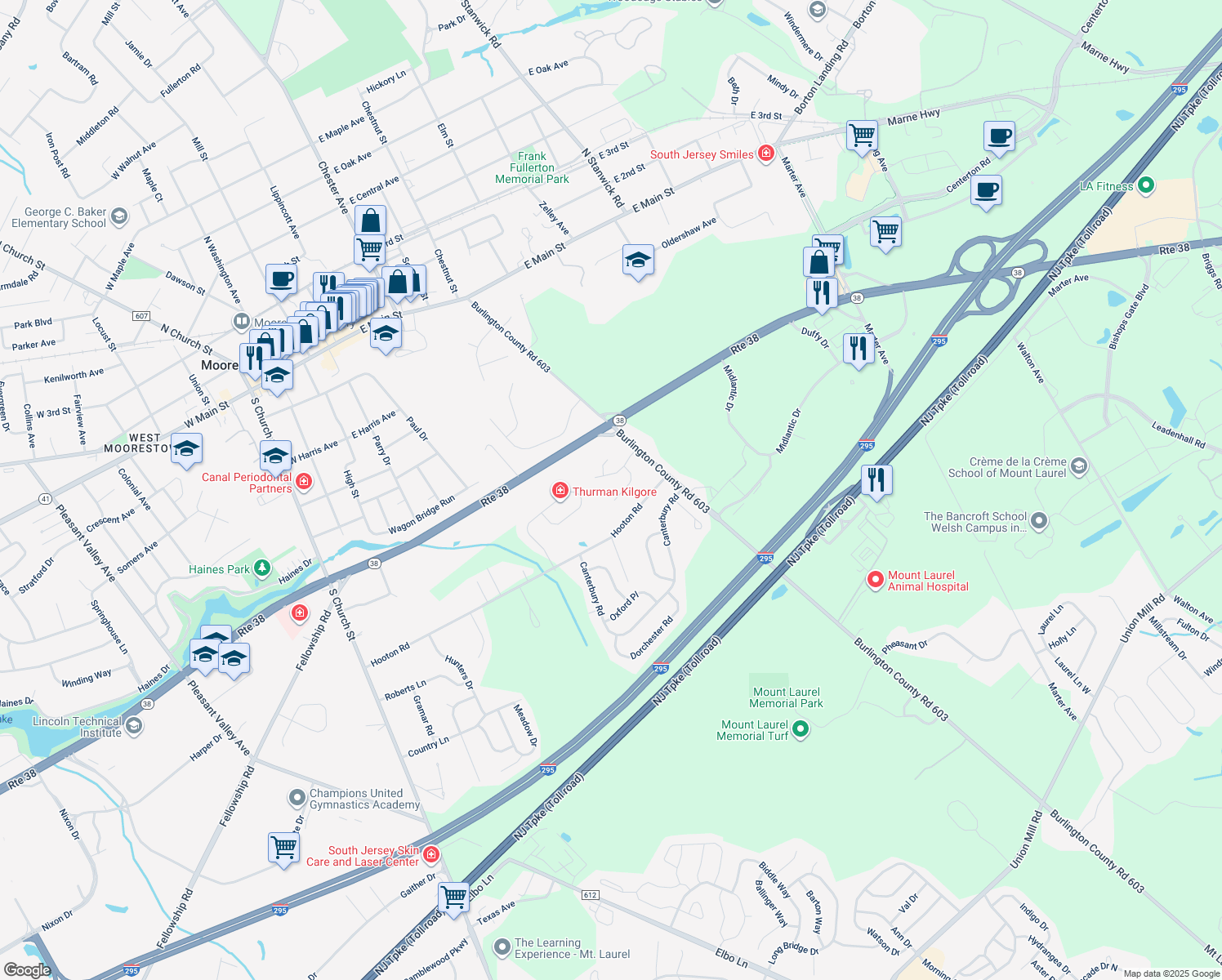 map of restaurants, bars, coffee shops, grocery stores, and more near 5 East Coach Lane in Mount Laurel