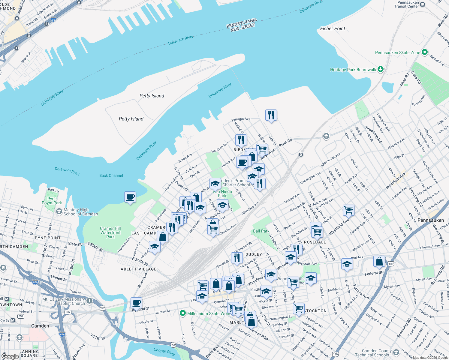 map of restaurants, bars, coffee shops, grocery stores, and more near 1018 Reeves Ave in Camden
