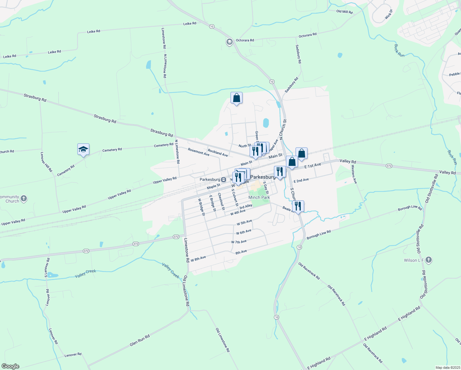 map of restaurants, bars, coffee shops, grocery stores, and more near 503 West 1st Avenue in Parkesburg