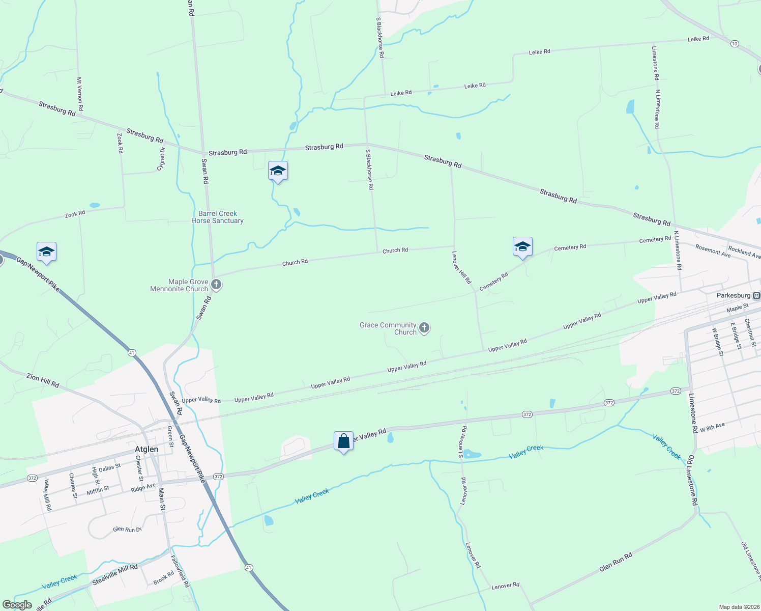 map of restaurants, bars, coffee shops, grocery stores, and more near 4481 Cemetery Road in Parkesburg