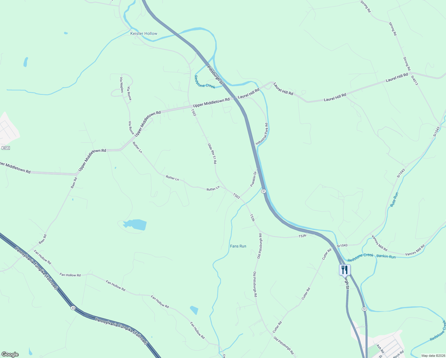 map of restaurants, bars, coffee shops, grocery stores, and more near 255 Rutter Lane in Smock