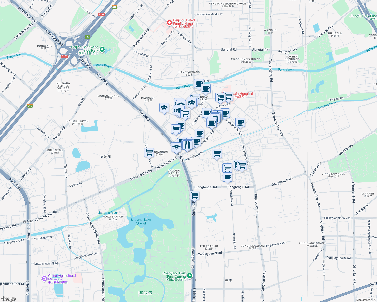 map of restaurants, bars, coffee shops, grocery stores, and more near Jiuxianqiao South Road in Beijing