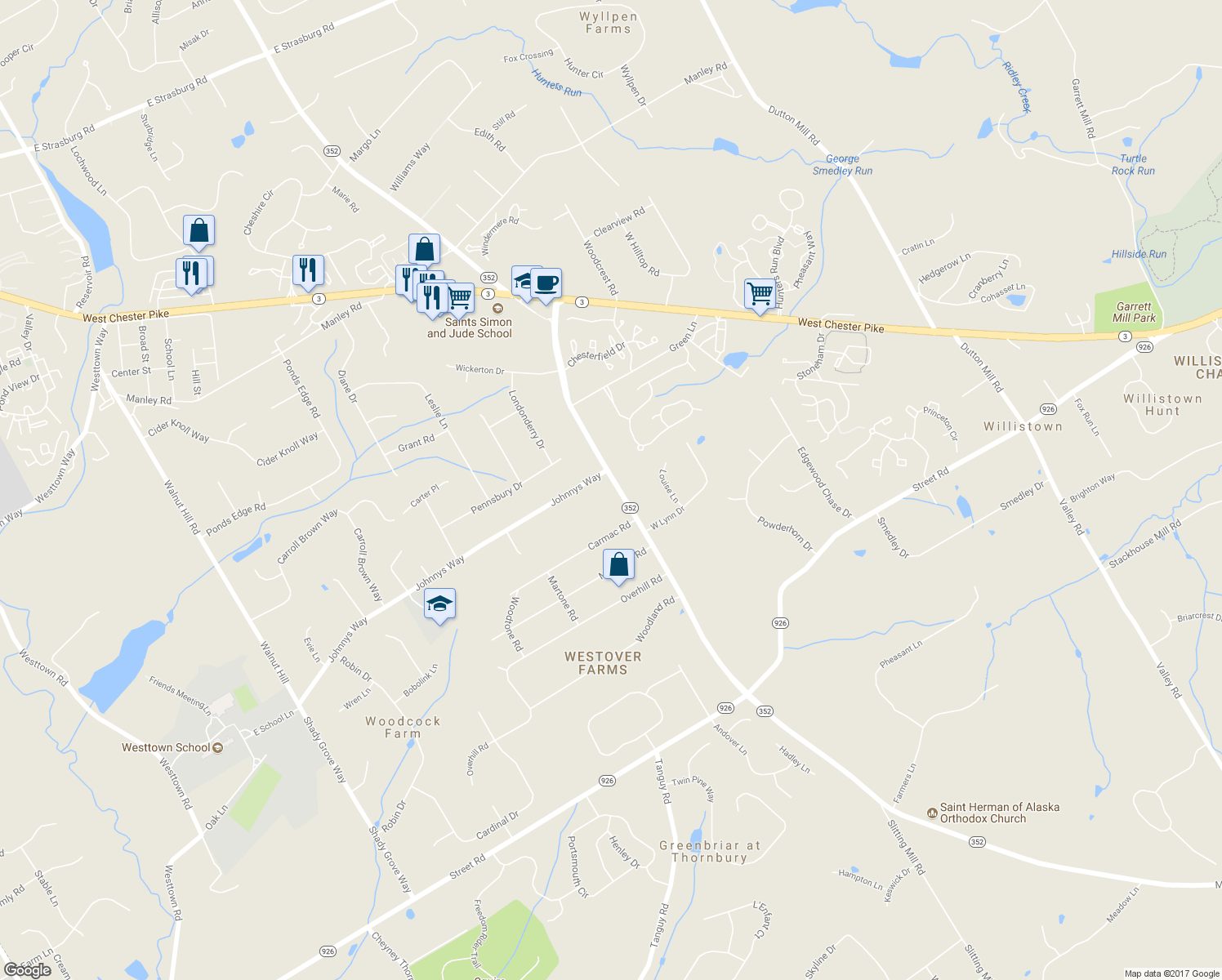 map of restaurants, bars, coffee shops, grocery stores, and more near 904 South Chester Road in West Chester