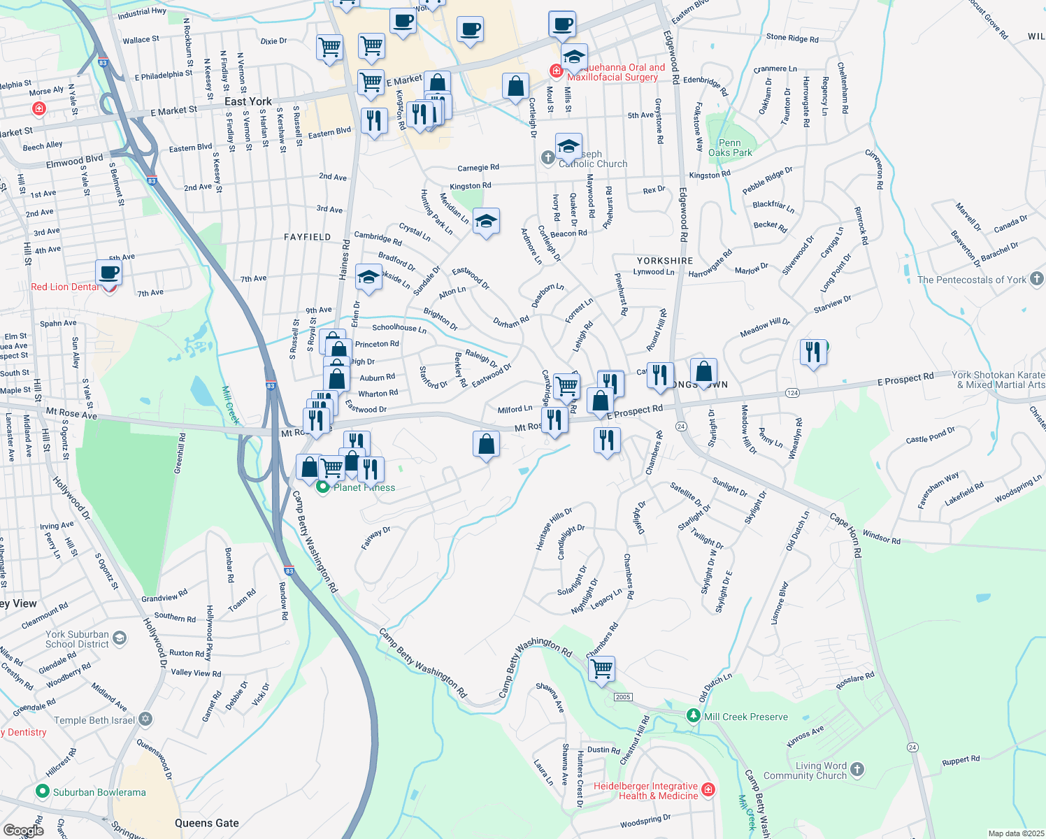 map of restaurants, bars, coffee shops, grocery stores, and more near 2705 Mount Rose Avenue in York