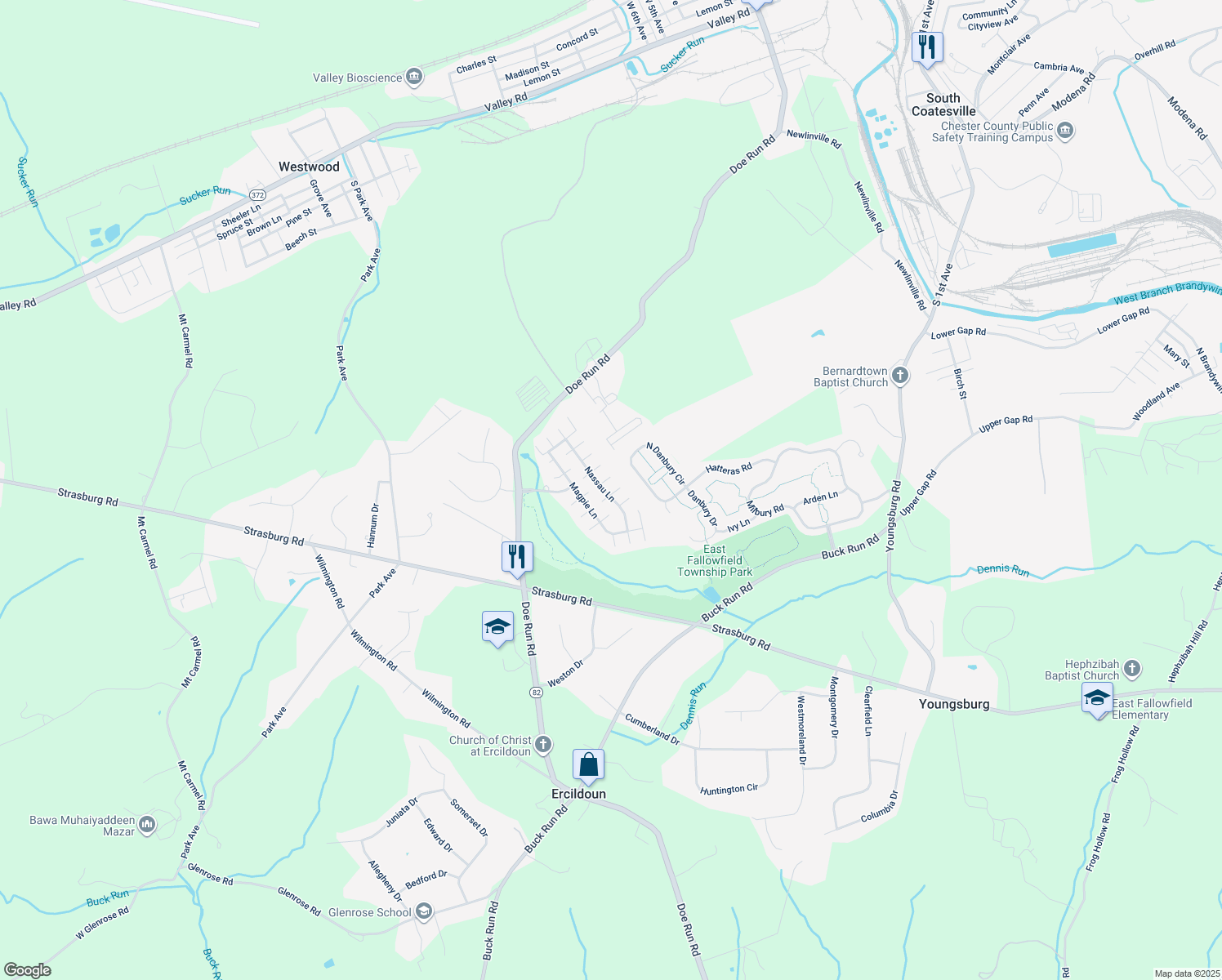 map of restaurants, bars, coffee shops, grocery stores, and more near 101 North Keystone Way in Coatesville