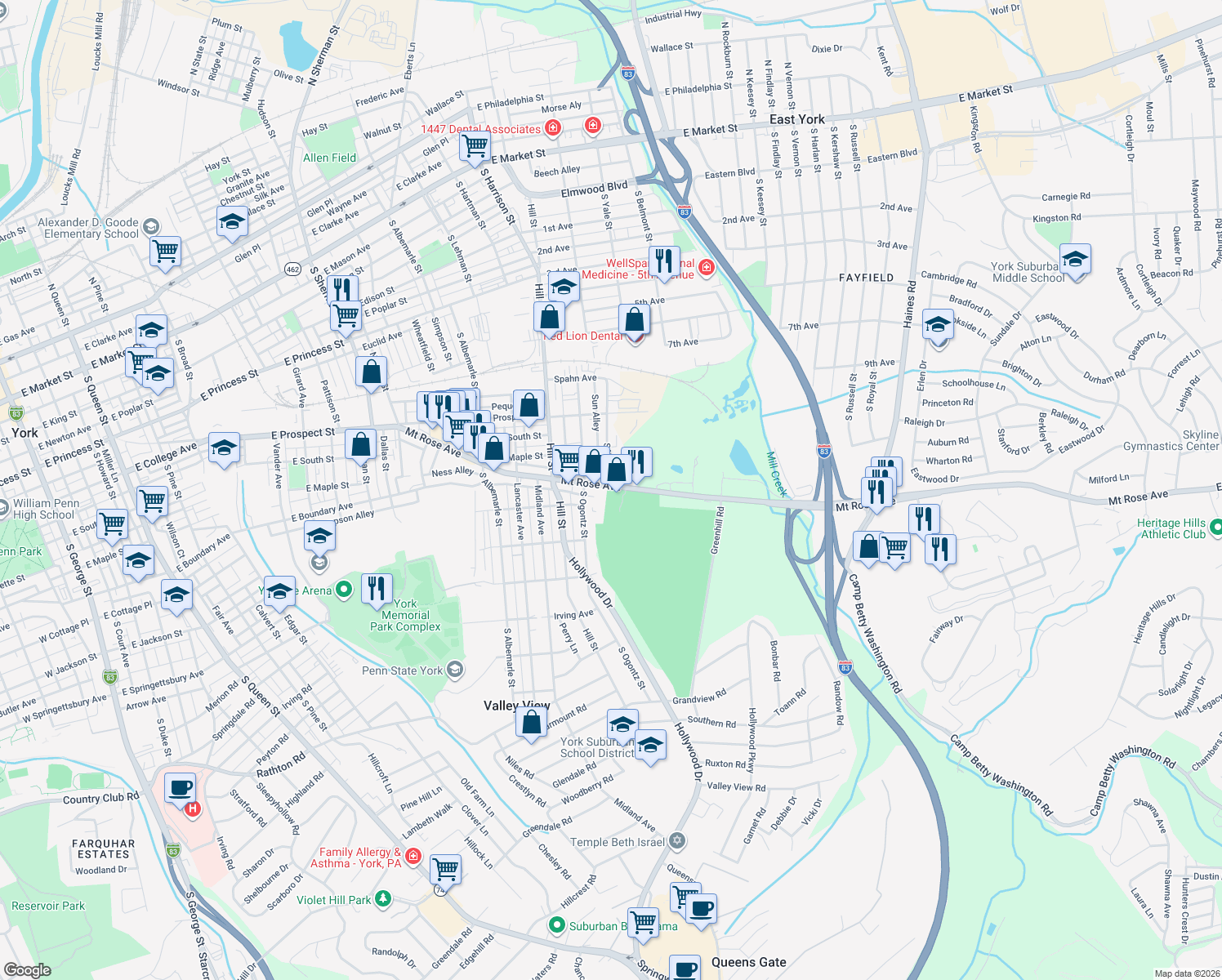 map of restaurants, bars, coffee shops, grocery stores, and more near 1450 Mount Rose Avenue in York