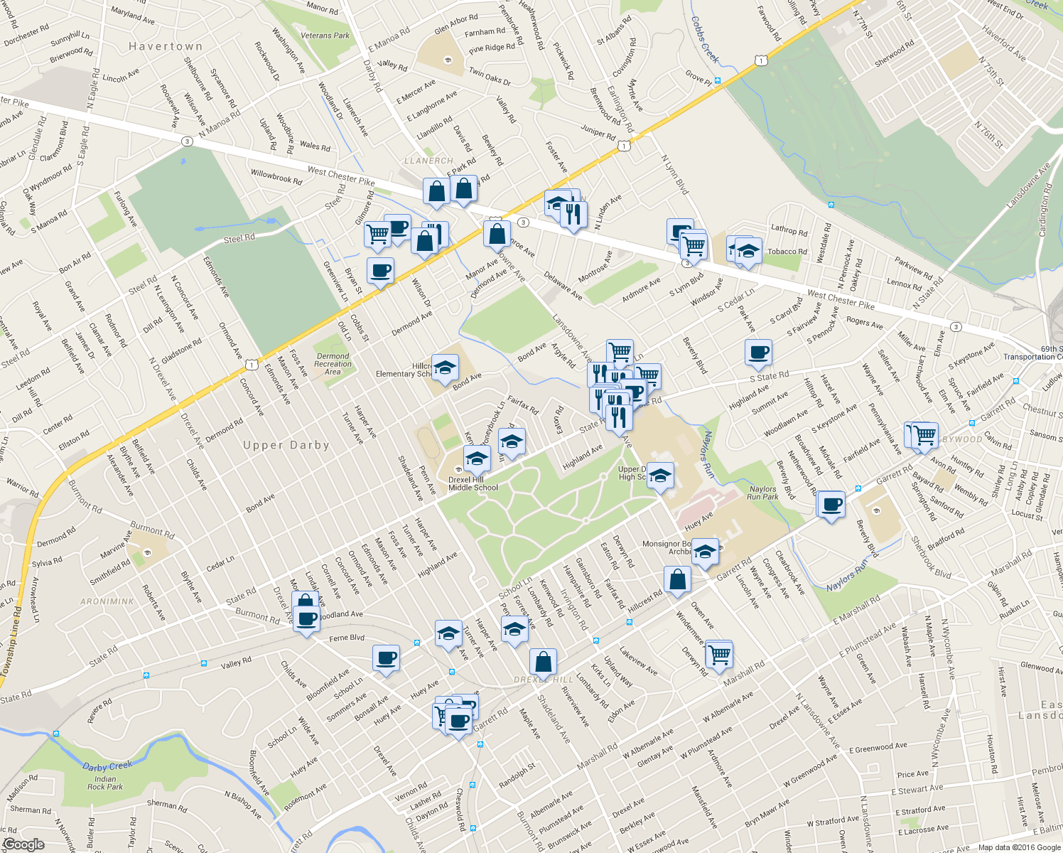 map of restaurants, bars, coffee shops, grocery stores, and more near 837 Gainsboro Road in Upper Darby