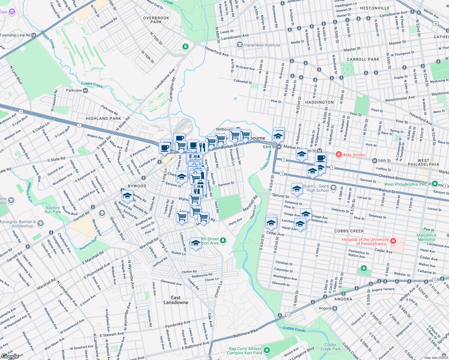 map of restaurants, bars, coffee shops, grocery stores, and more near 131 Overhill Road in Upper Darby