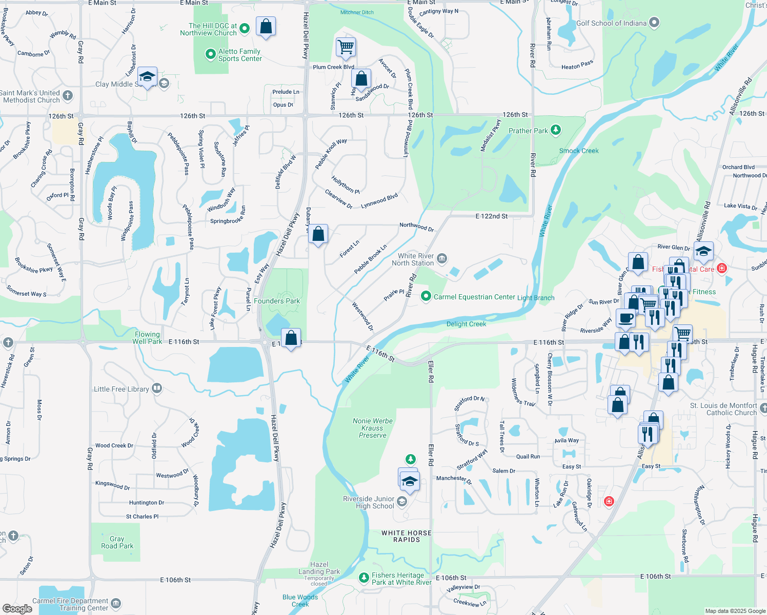 map of restaurants, bars, coffee shops, grocery stores, and more near 11719 Prairie Place in Carmel