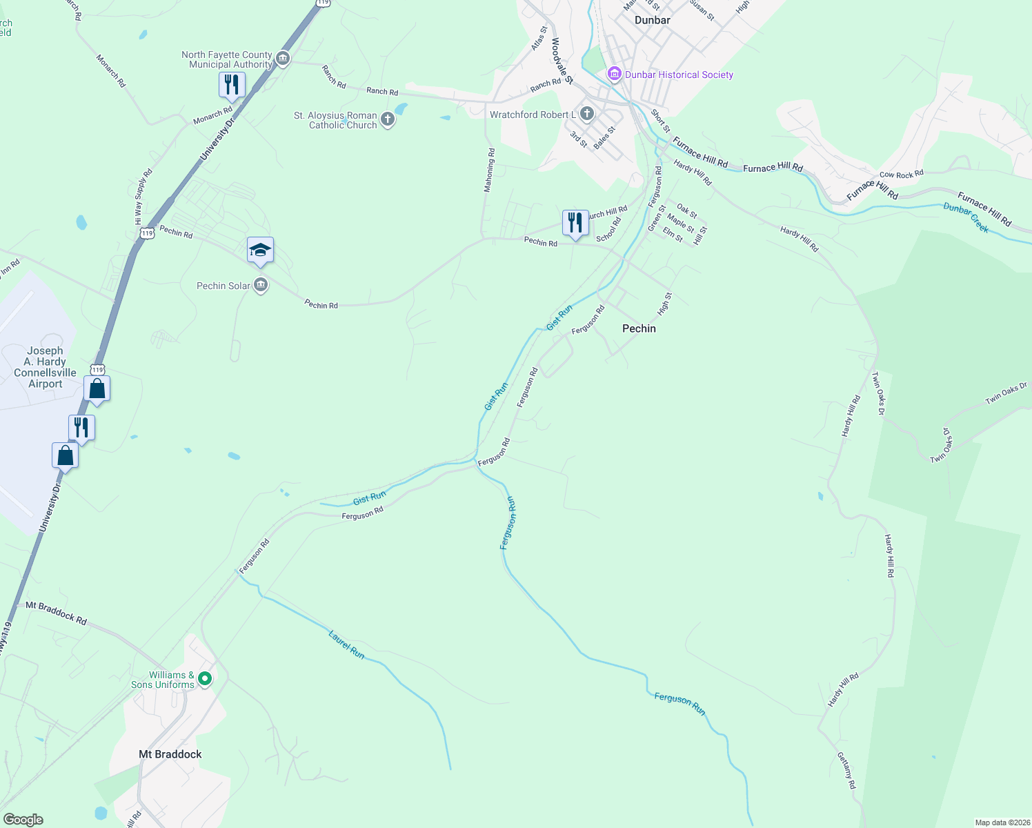 map of restaurants, bars, coffee shops, grocery stores, and more near 370-384 Ferguson Road in Dunbar