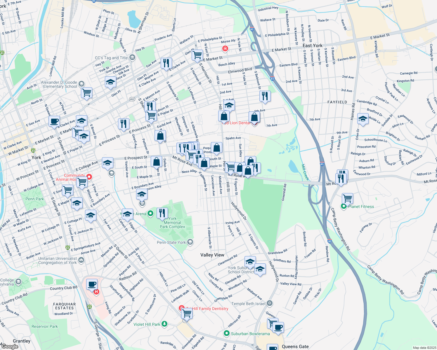map of restaurants, bars, coffee shops, grocery stores, and more near 1220 Mount Rose Avenue in York