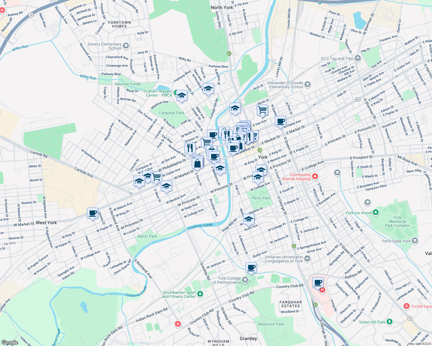 map of restaurants, bars, coffee shops, grocery stores, and more near 39 South Newberry Street in York