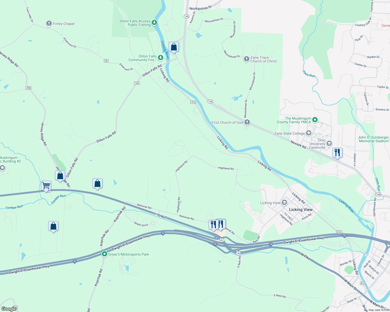 map of restaurants, bars, coffee shops, grocery stores, and more near 2499 Highland Rd in Zanesville