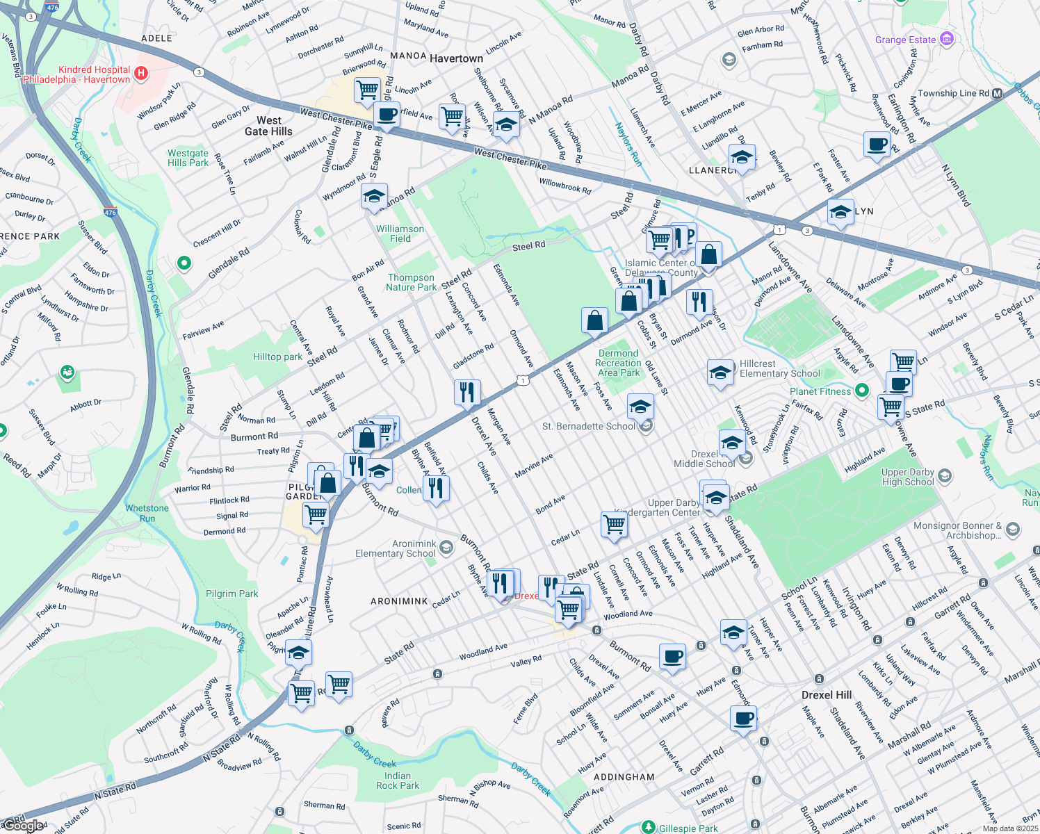 map of restaurants, bars, coffee shops, grocery stores, and more near 1213 Lindale Avenue in Upper Darby
