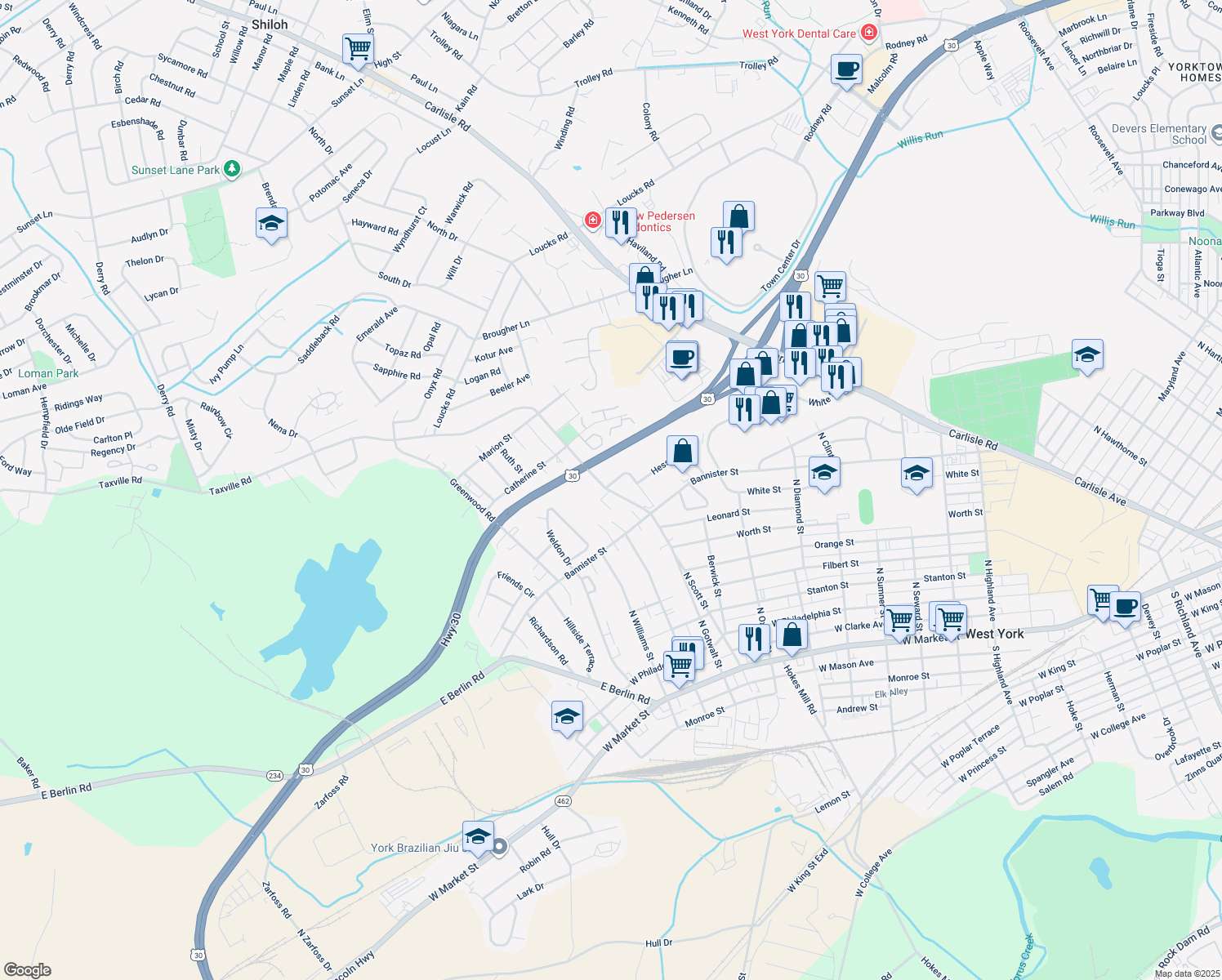 map of restaurants, bars, coffee shops, grocery stores, and more near 895 Taxville Road in York