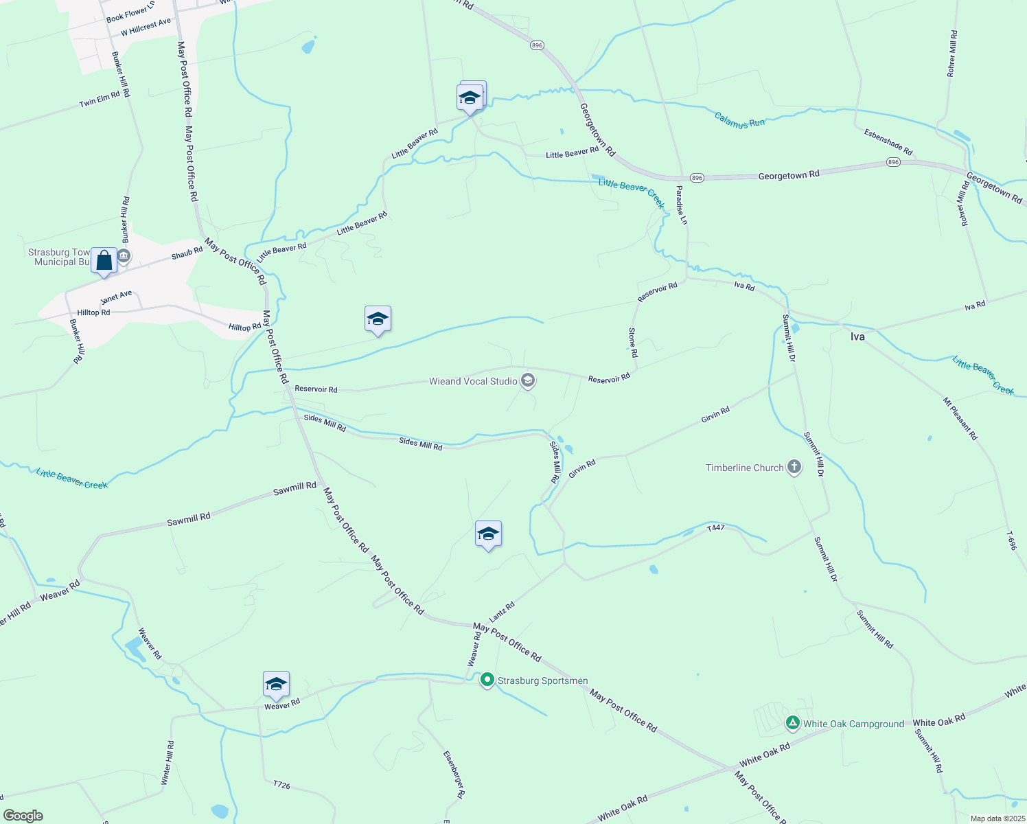 map of restaurants, bars, coffee shops, grocery stores, and more near 23 Martin Lane in Strasburg
