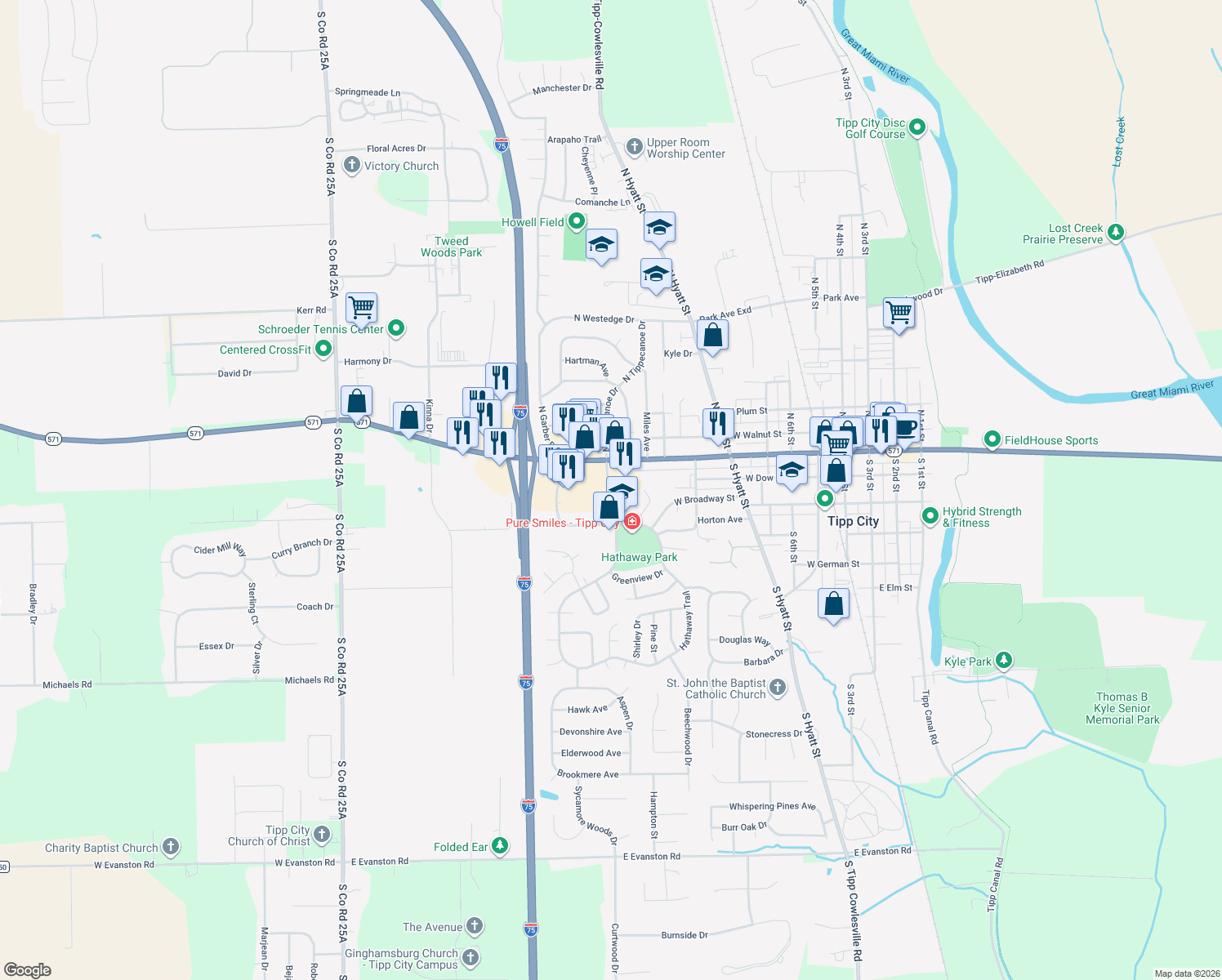 map of restaurants, bars, coffee shops, grocery stores, and more near 14 S Tippecanoe Dr in Tipp City