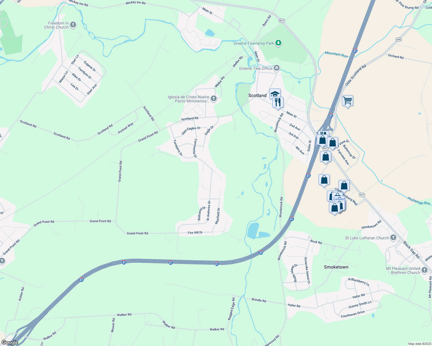 map of restaurants, bars, coffee shops, grocery stores, and more near 3341 Carnoustie Drive in Chambersburg