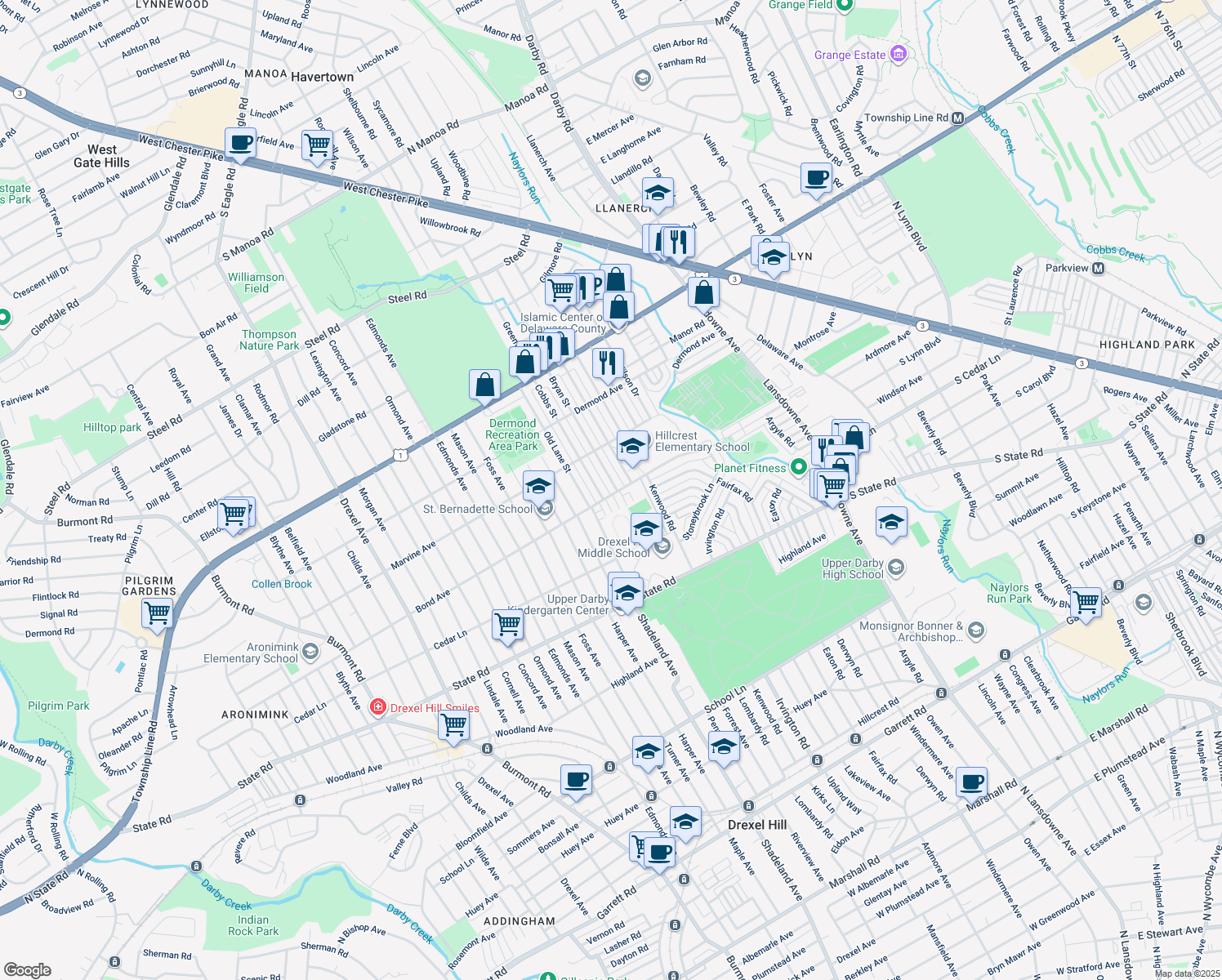 map of restaurants, bars, coffee shops, grocery stores, and more near 1002 Bryan Street in Drexel Hill