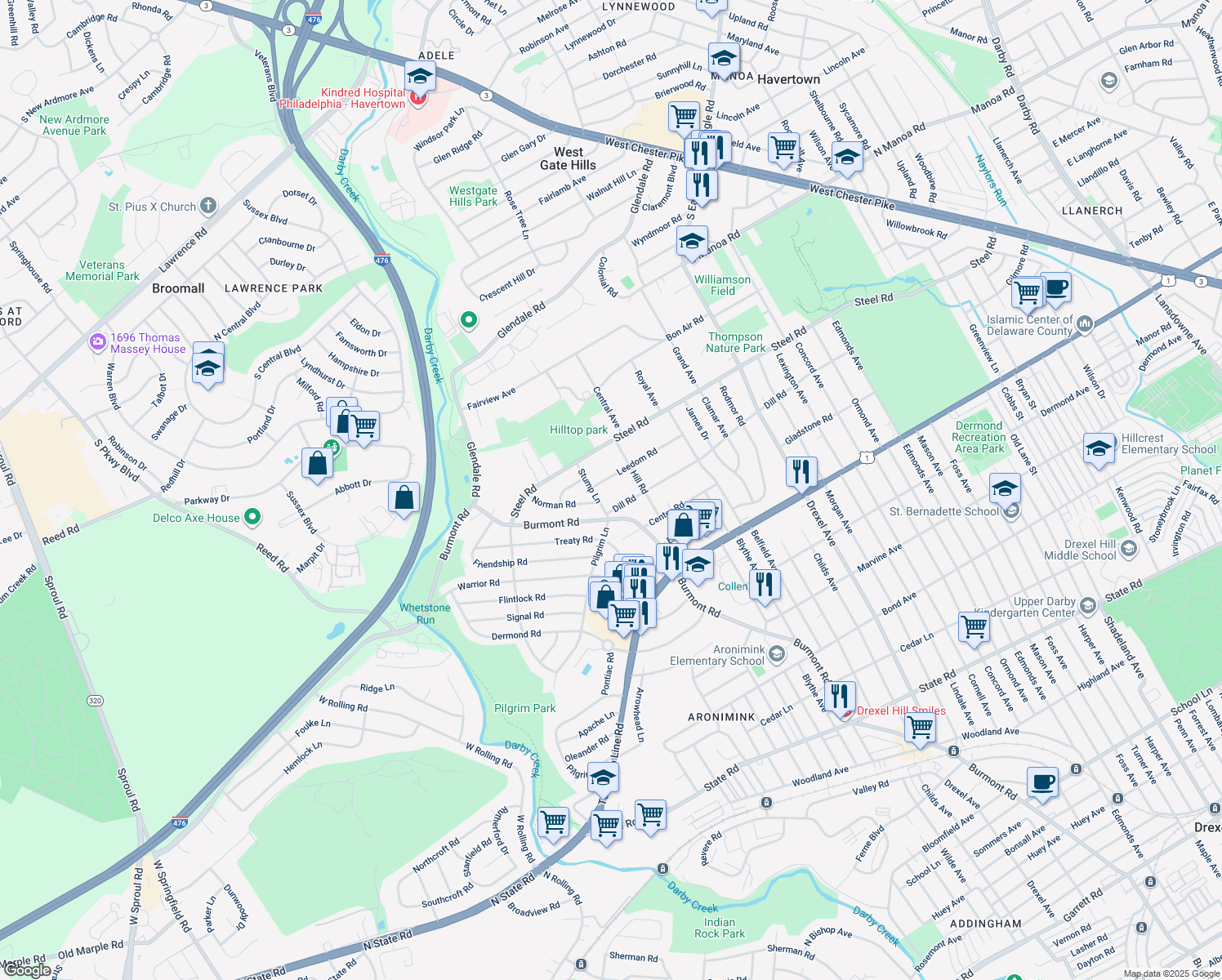 map of restaurants, bars, coffee shops, grocery stores, and more near 1319 Leedom Road in Havertown