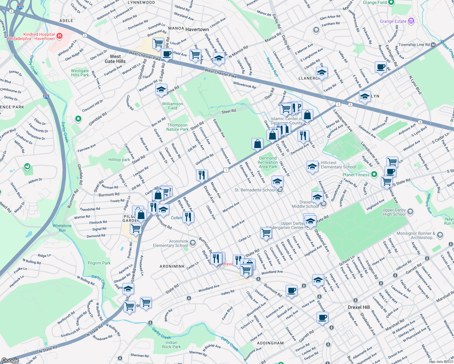 map of restaurants, bars, coffee shops, grocery stores, and more near 1240 Cornell Ave in Drexel Hill