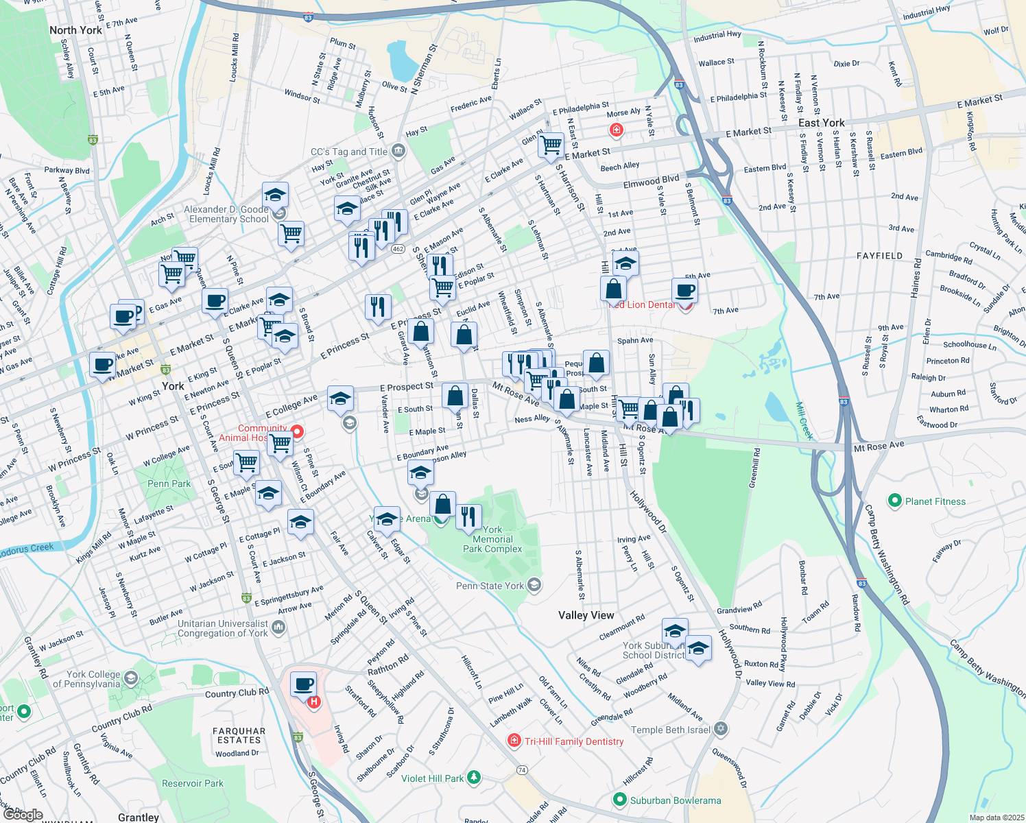 map of restaurants, bars, coffee shops, grocery stores, and more near 645 Wheatlyn Drive in York