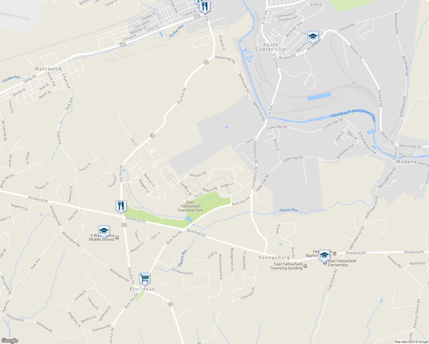 map of restaurants, bars, coffee shops, grocery stores, and more near 150 Milbury Road in Coatesville