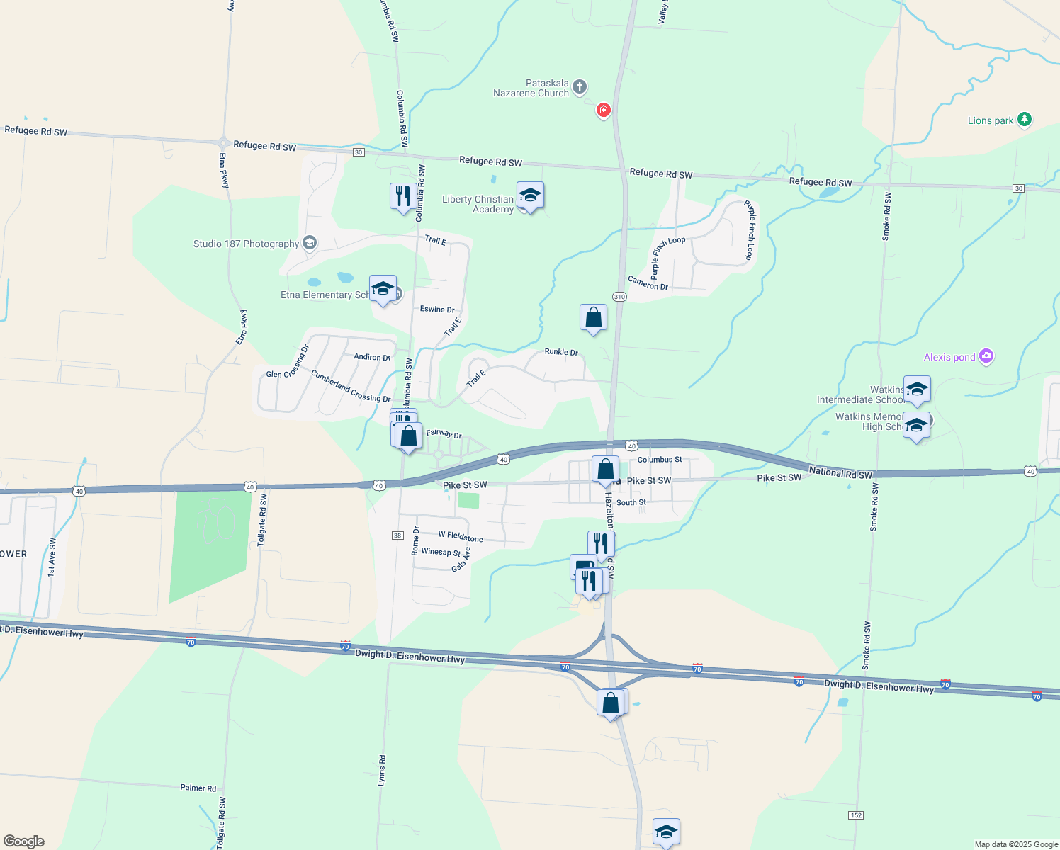 map of restaurants, bars, coffee shops, grocery stores, and more near 175 Pebble Creek Dr in Pataskala